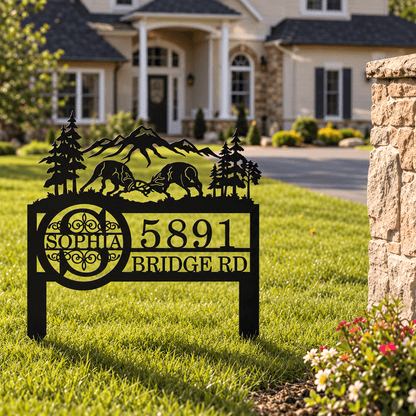 Personalized Metal Garden Stake with Deer & Mountain Silhouette, Custom Address Sign, Rustic Outdoor Yard Decor, Housewarming Gift