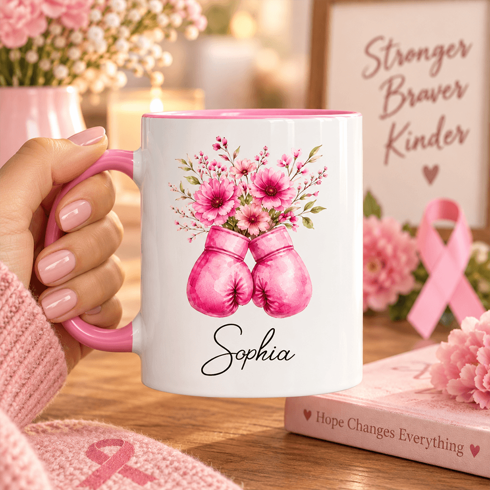 Personalized Pink Floral Boxing Gloves Mug, Breast Cancer Support Gift for Her, Stronger Braver Survivor Keepsake with Name