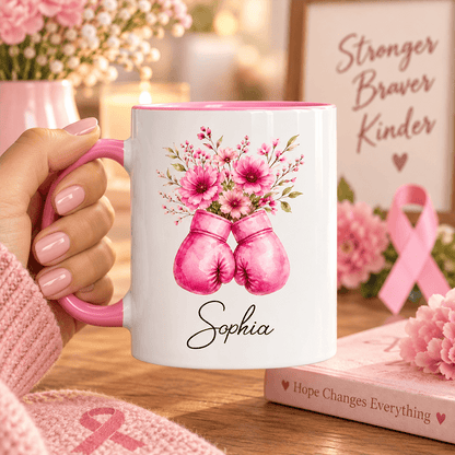 Personalized Pink Floral Boxing Gloves Mug, Breast Cancer Support Gift for Her, Stronger Braver Survivor Keepsake with Name