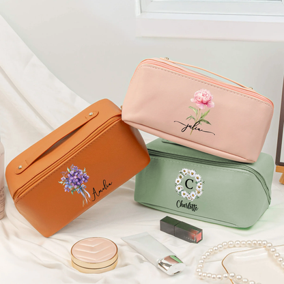 Custom Birth Flower Leather Makeup Bag – Elegant Pink Toiletry Case with Personalized Initials, Spacious Portable Storage & Thoughtful Gift Option