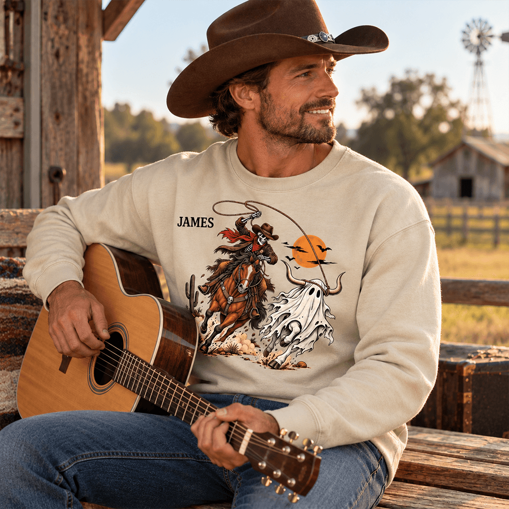 Personalized Halloween Cowboy Sweatshirt with Name, Spooky Ghost Bull & Orange Moon, Western Gift for Horse Lovers