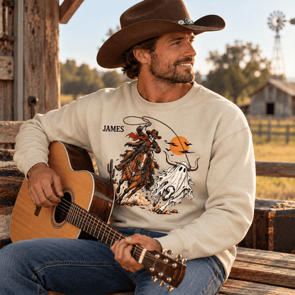 Personalized Halloween Cowboy Sweatshirt with Name, Spooky Ghost Bull & Orange Moon, Western Gift for Horse Lovers