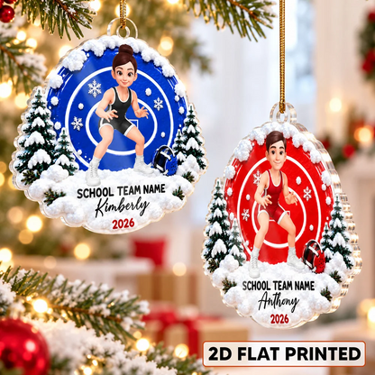 Personalized Acrylic Ornament, Young Wrestler in Action on a Snowy Mat, Unique Christmas Gift for Kids