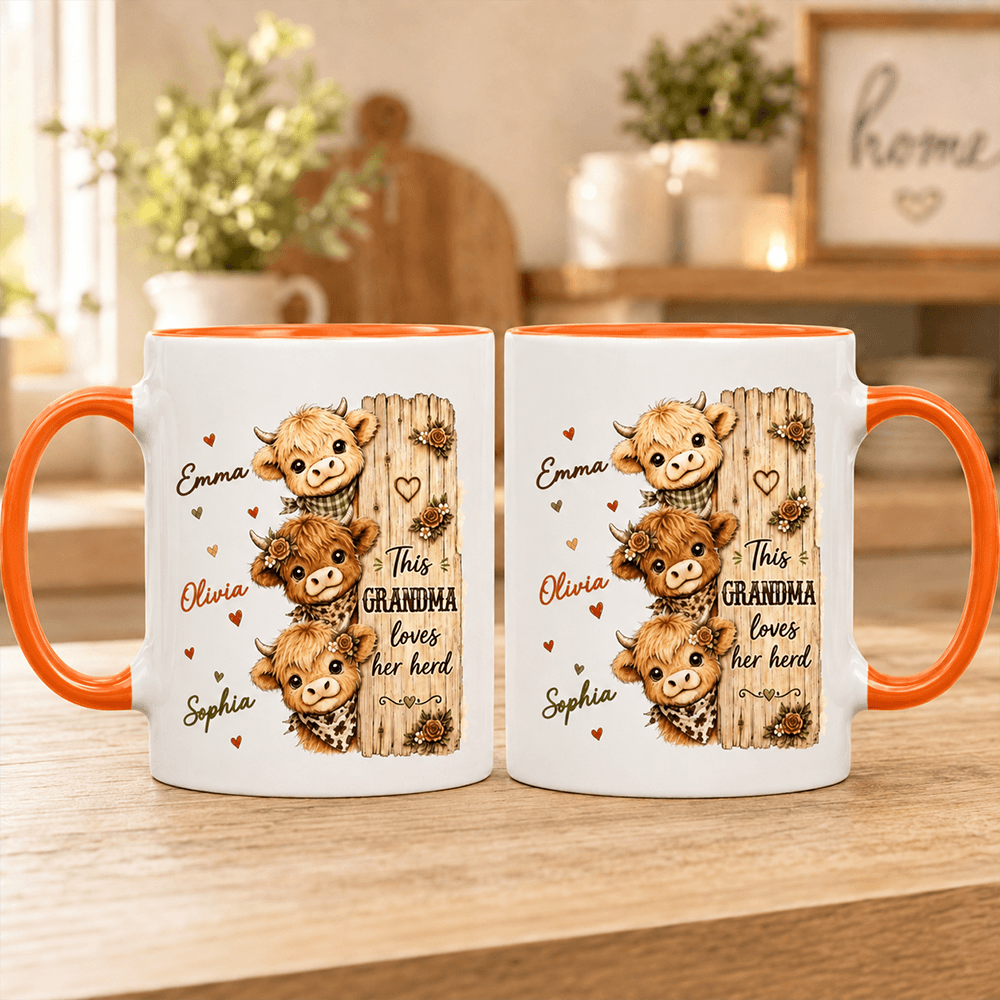 Personalized Highland Cow Mug for Grandma, Custom Grandkids Names, This Grandma Loves Her Herd Gift