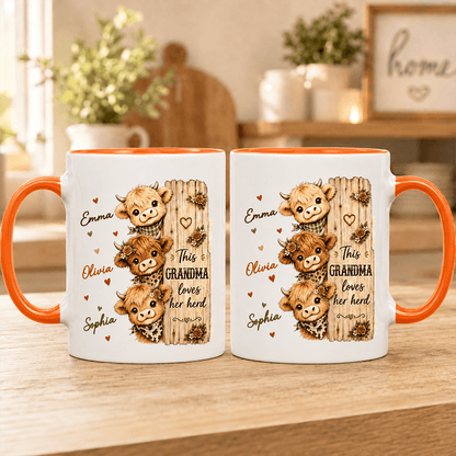Personalized Highland Cow Mug for Grandma, Custom Grandkids Names, This Grandma Loves Her Herd Gift