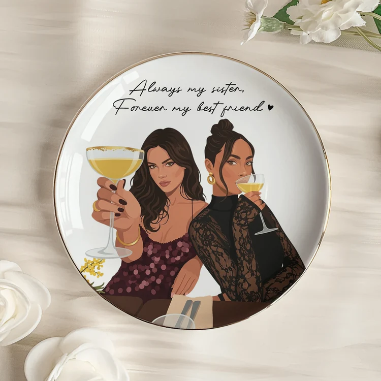 Personalized Jewelry Dish, Modern Friends Raising Glasses Illustration, Vanity Decor, Unique Gift for a Best Friend