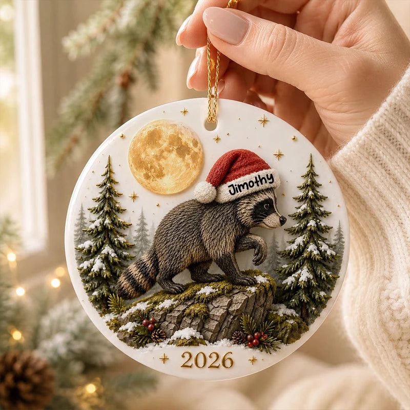Viral Jimothy Raccoon Ceramic Ornament, Personalized Santa Hat Scene, Creative Gift for Holiday Memories