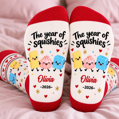 Personalized The Year of Squishies Crew Socks, Playful Kawaii Cartoon Design, Custom Name and Year, Fun Christmas Gift