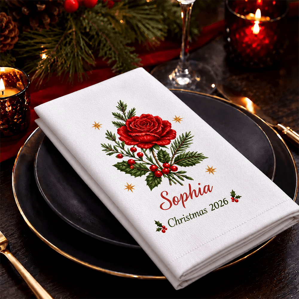 Personalized Reusable Cotton Napkin, Christmas Floral Place Setting, Unique Gift for Family