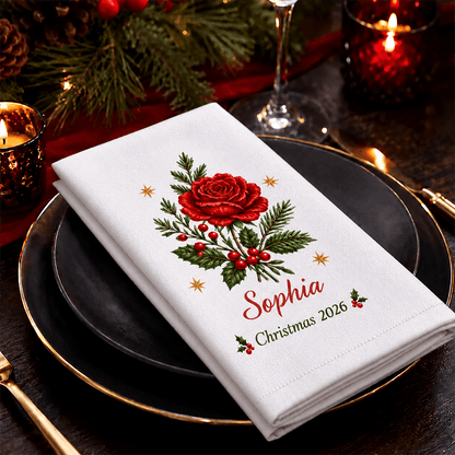 Personalized Reusable Cotton Napkin, Christmas Floral Place Setting, Unique Gift for Family