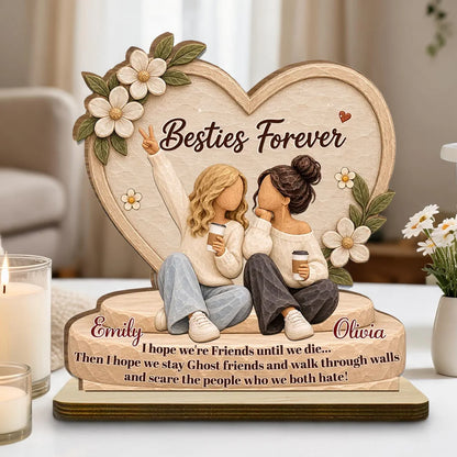 Personalized Wooden Plaque, Besties Forever, Seated Friends Holding Coffee, Unique Gift