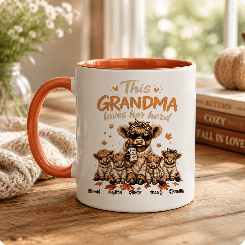 This Grandma Loves Her Herd Two-Tone Mug with Coffee-Holding Cow, Personalized Creative Gift for Grandma