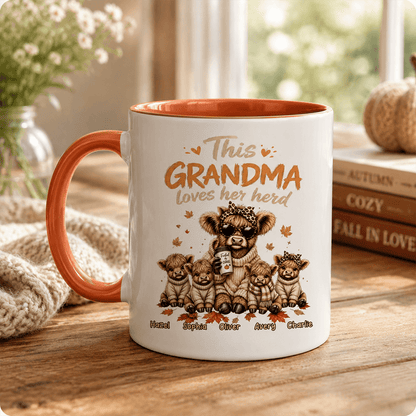 This Grandma Loves Her Herd Two-Tone Mug with Coffee-Holding Cow, Personalized Creative Gift for Grandma