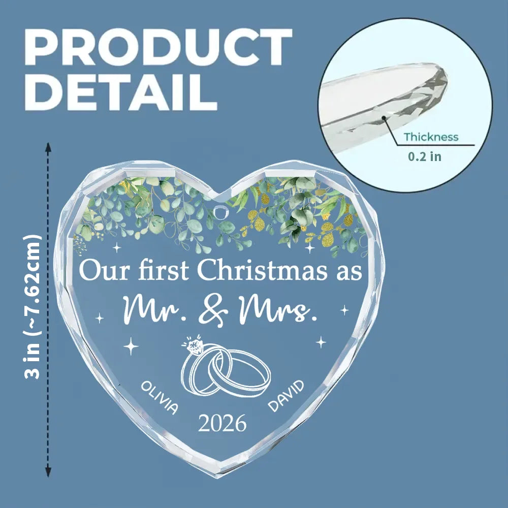 Personalized Crystal Heart Ornament with Wedding Rings and Greenery, Unique Wedding Gift for Newlyweds