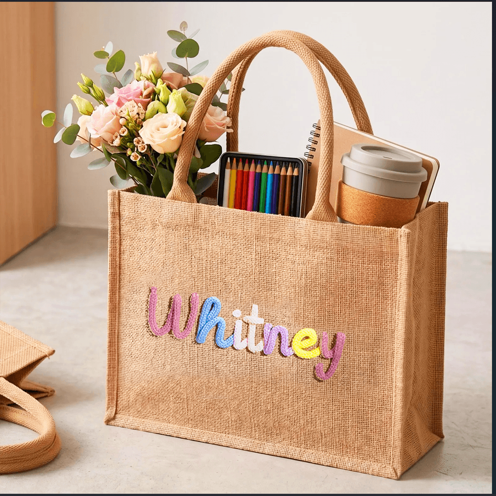 Personalized Crochet Burlap Tote with Colorful Lettering, Creative Gift for Teacher from Student