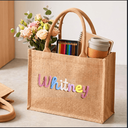 Personalized Crochet Burlap Tote with Colorful Lettering, Creative Gift for Teacher from Student