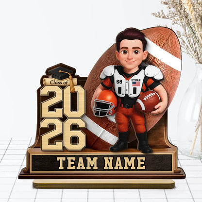 Custom Class Football Player 2-Layer Wooden Plaque, Warm Sports Memory Desk Decor, Thoughtful Gift for Graduates