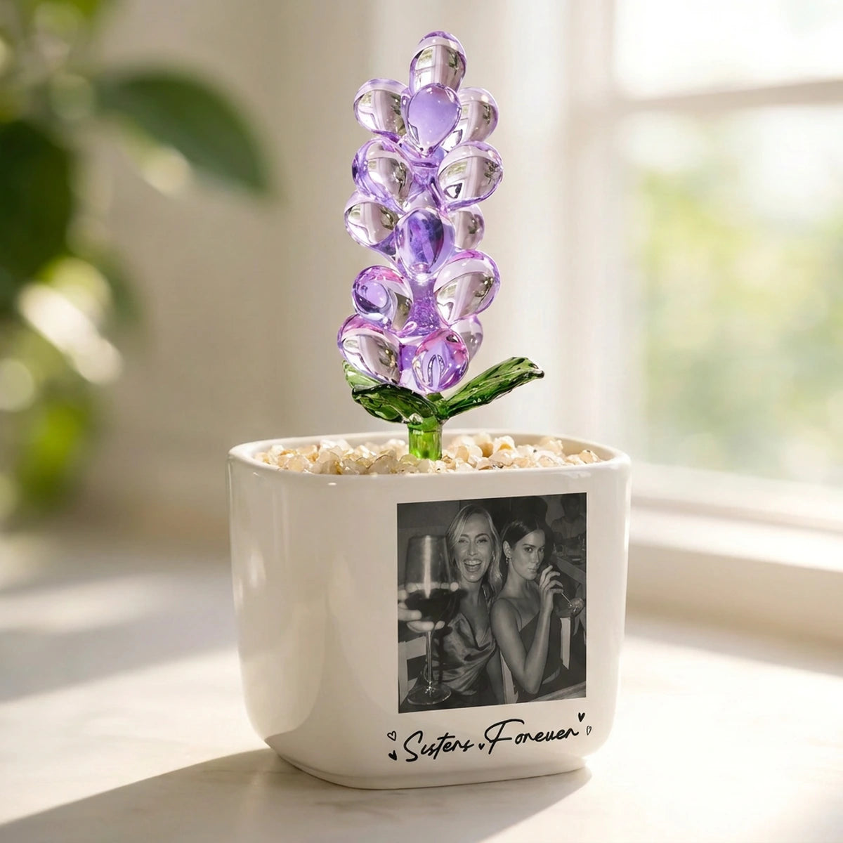 Personalized Photo Flower Planter with Glass Blooms, Custom Best Friend or Sister Gift, Friendship Keepsake