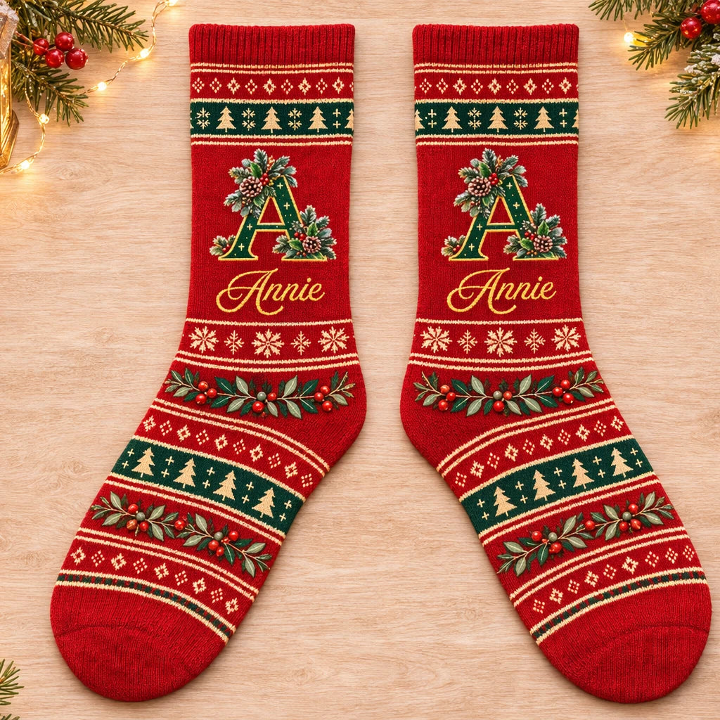 Personalized Christmas Crew Socks with Custom Name & Initial, Festive Holly and Snowflake Design, Cozy Christmas Gift