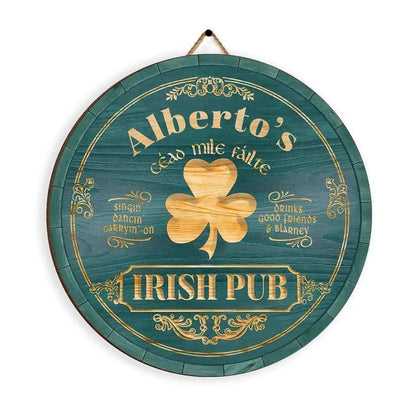 Personalized Irish Pub Clover Wooden Sign Round Green Bar Decor With Celtic Style Lettering Unique St. Patrick's Day Gift
