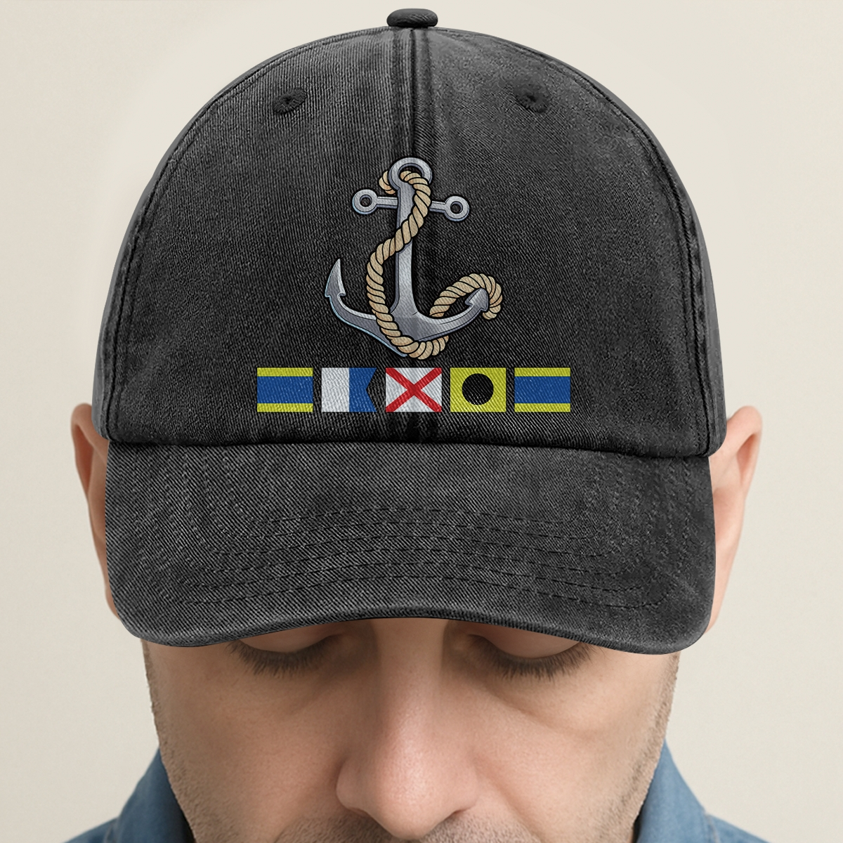 Washed Denim Baseball Cap with Boat Anchor and Nautical Flags - Coastal Style Unique Gift for Sailors and Boat Lovers