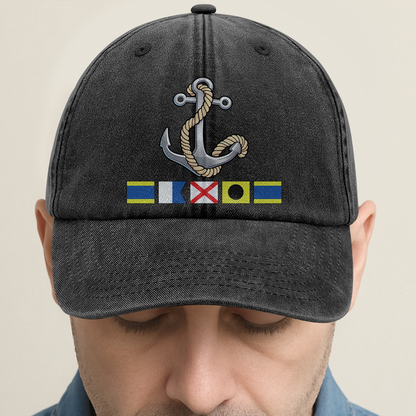 Washed Denim Baseball Cap with Boat Anchor and Nautical Flags - Coastal Style Unique Gift for Sailors and Boat Lovers