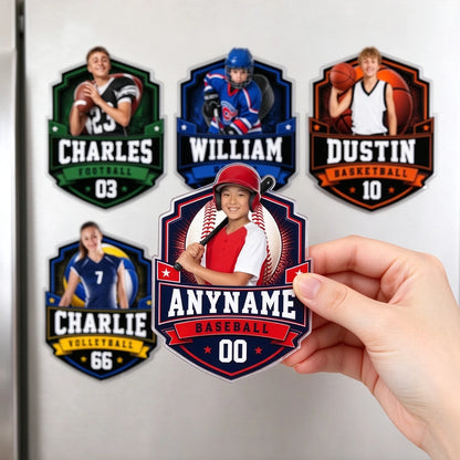 Personalized Acrylic Fridge Magnet, Athlete Posing with Sports Gear, Unique Gift for Players & Families