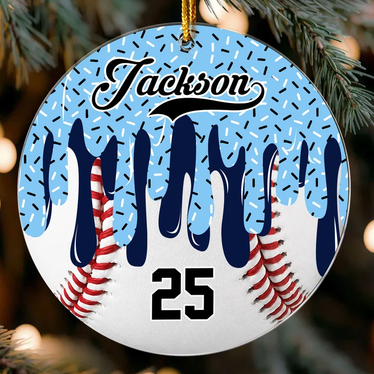 Personalized Acrylic Ornament, Ice Cream Drip Sports Design on a Lit Christmas Tree, Unique Gift for Young Athletes