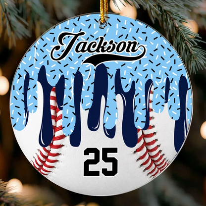 Personalized Acrylic Ornament, Ice Cream Drip Sports Design on a Lit Christmas Tree, Unique Gift for Young Athletes