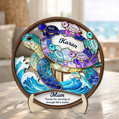 2-Layer Wooden Plaque with Stained-Glass Style Sea Turtle and Heartfelt Message - Personalized Gift for Mom