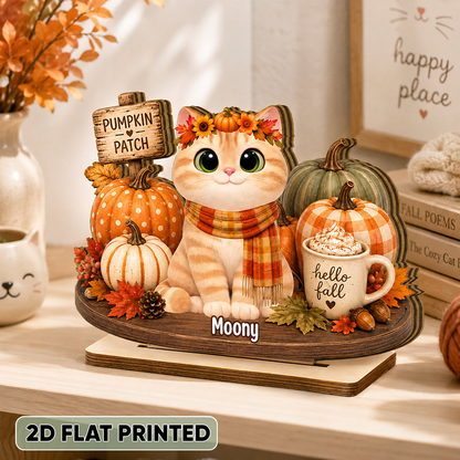 Personalized 2-Layer Wooden Plaque, Sitting Cat in Pumpkin Patch, Unique Fall Gift for Cat Lovers