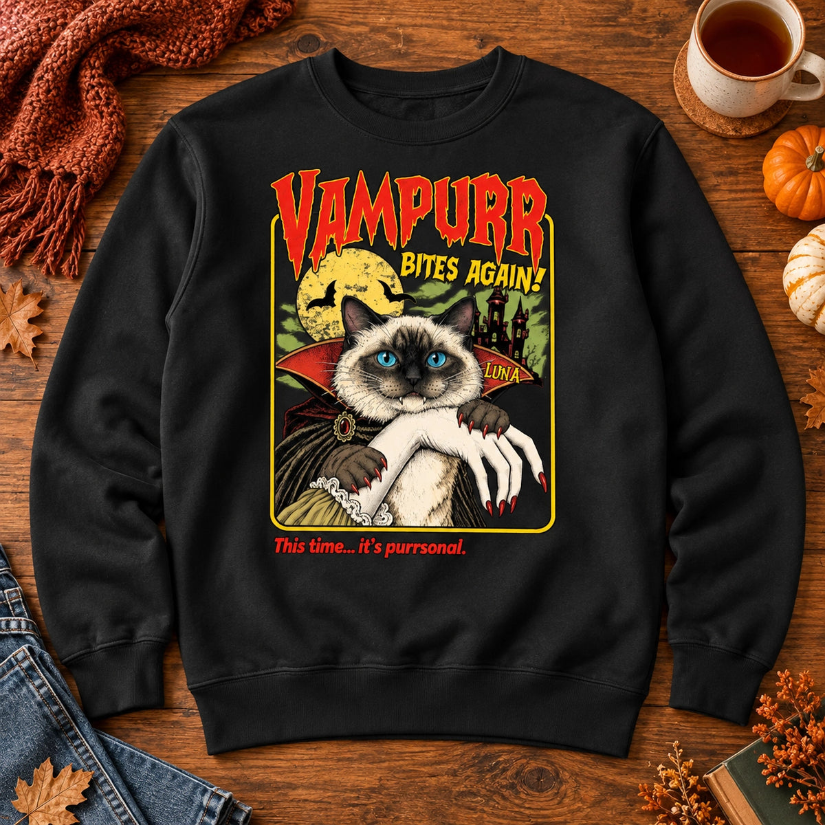 Personalized Cat Sweatshirt, Playful Vampire and Haunted Castle Design, Creative Gift for Friends