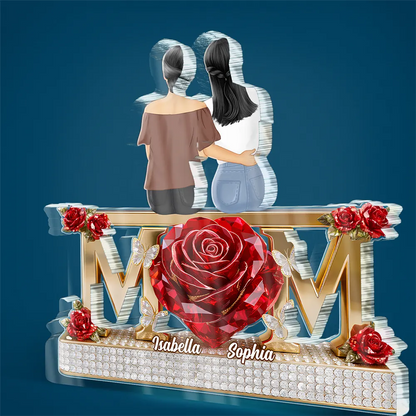 Personalized Shaped Acrylic Block Plaque Mom With Daughters Back-Hug Design, Red Rose Heart Keepsake, Unique Gift for Mom