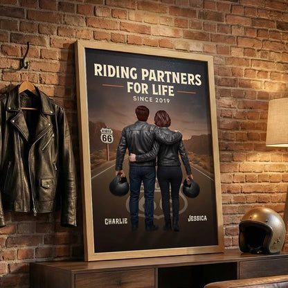 Personalized Biker Couple Poster, Riding Partners for Life Road Scene Wall Art, Unique Gift for Him & Her