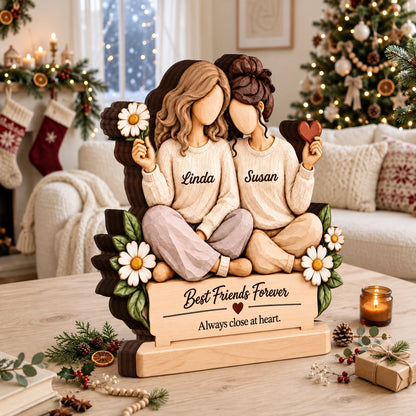Best Friends Forever Personalized Wooden Ornament, Friends Sitting Close, Creative Heartfelt Gift for a Friend