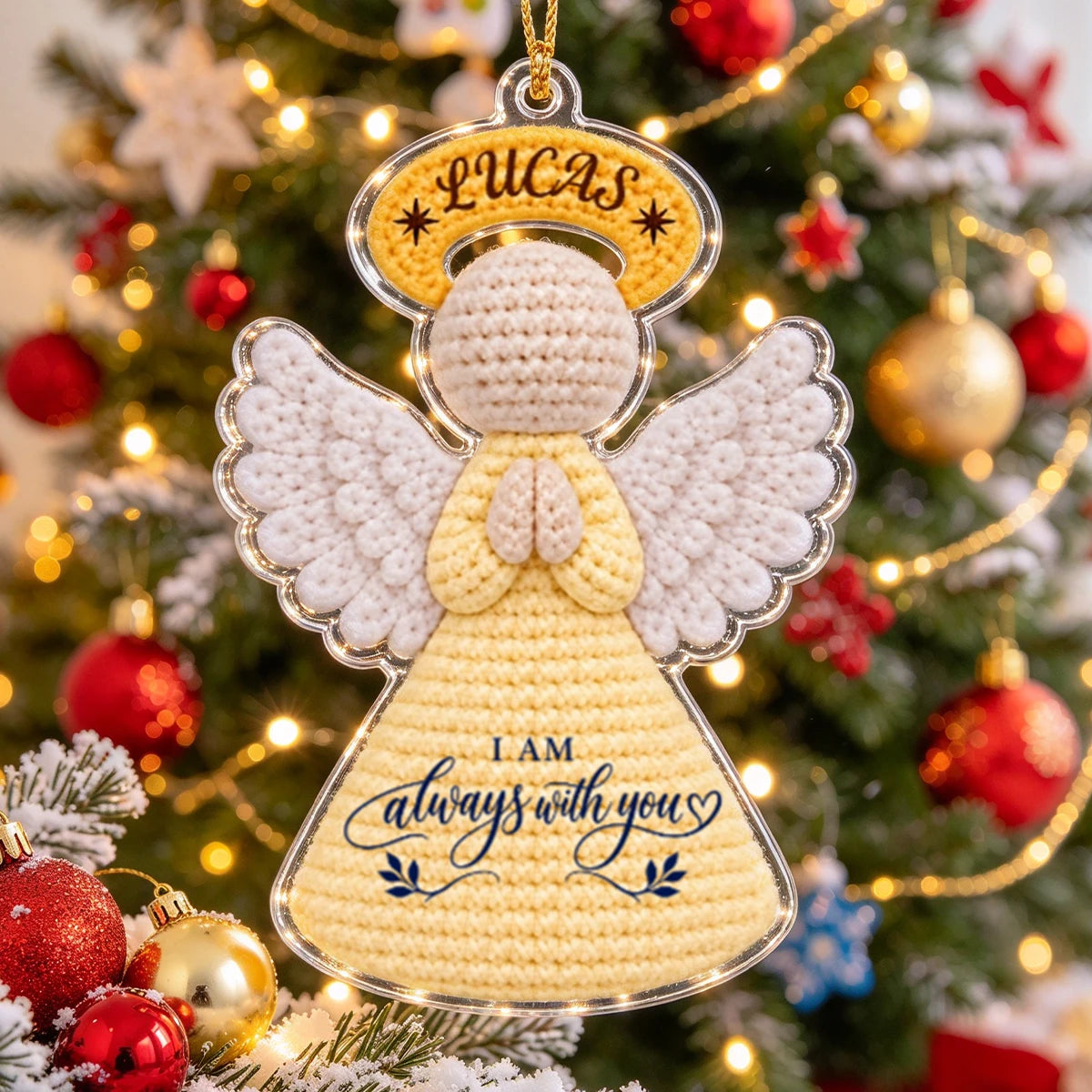Personalized Acrylic Ornament with Praying Angel, Blue Christmas Tree Decor, Unique Memorial Gift for Family