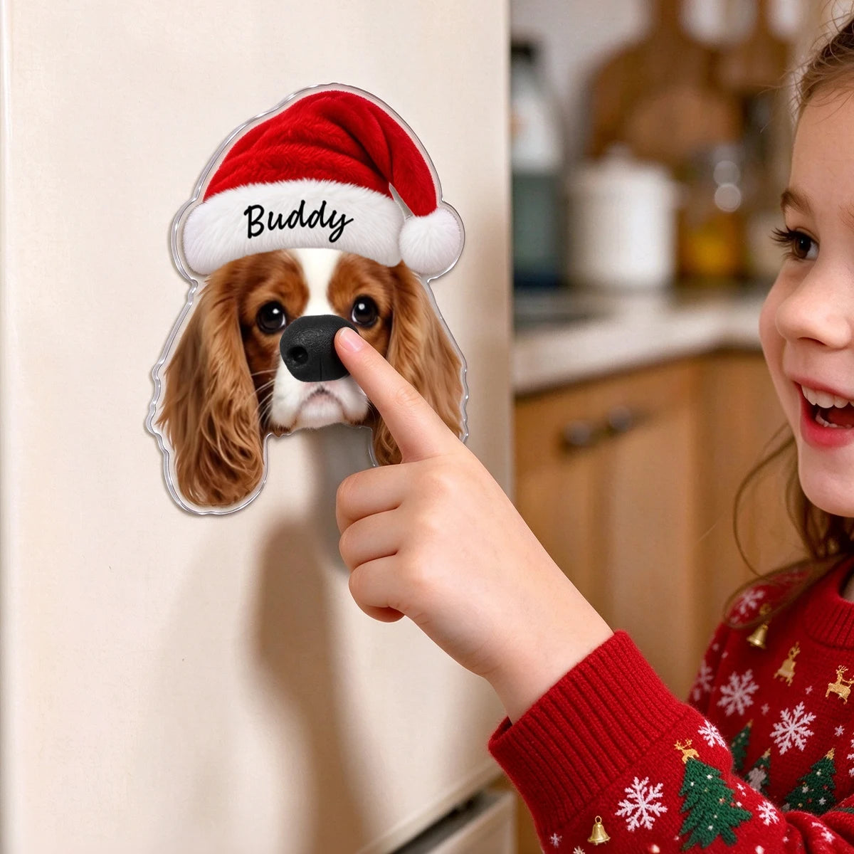 Custom Dog Face Fridge Magnet with Squishy Nose, Personalized Funny Pet Portrait with Santa Hat, Christmas Gift for Dog Owners