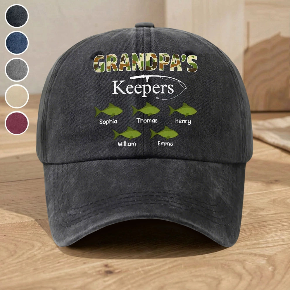 Washed Denim Baseball Cap with Grandpa's Keepers Fishing Design - Personalized Unique Gift for Grandpa He'll Wear