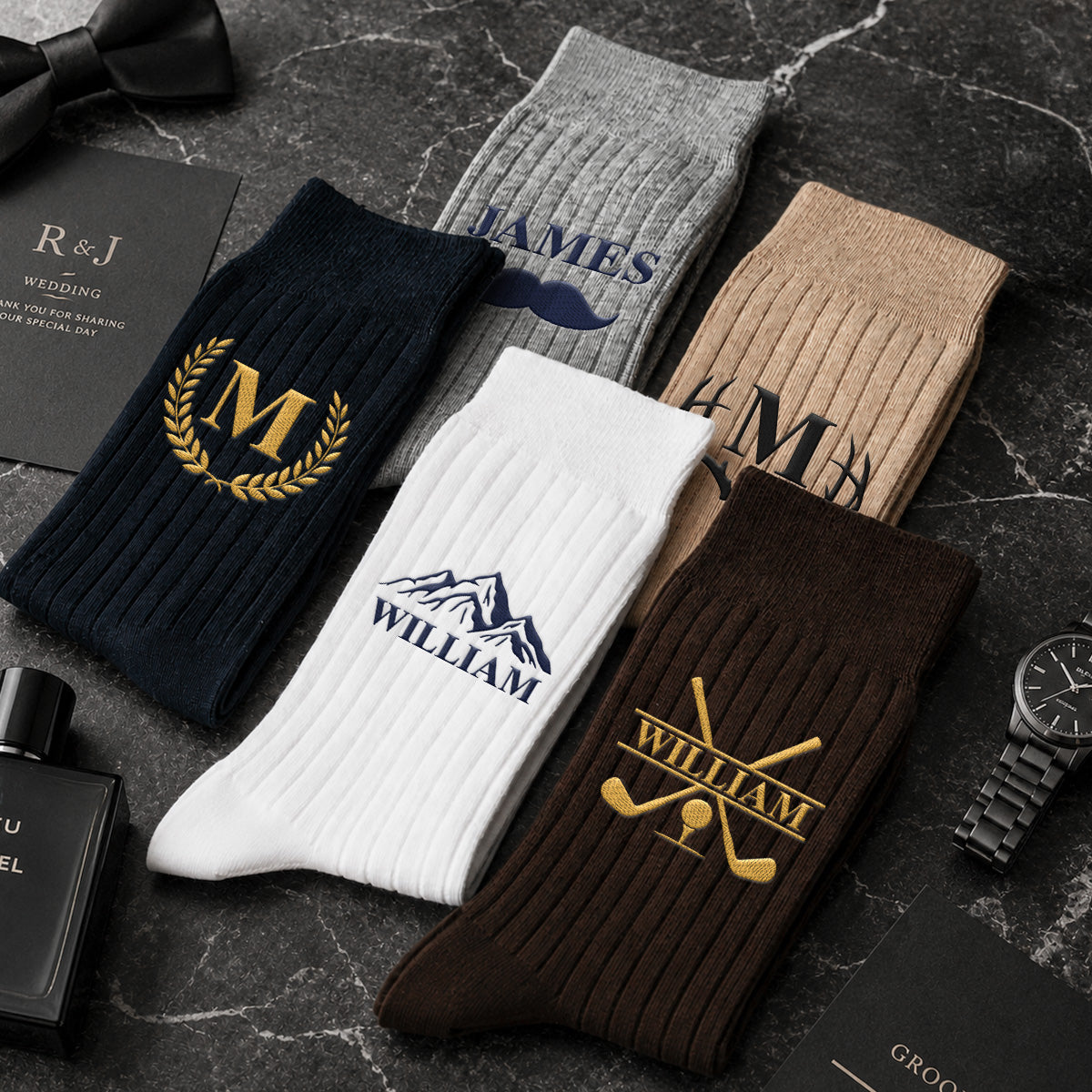 Embroidered Cotton Socks with Custom Monogram, Dress Shoe Styling, Creative Gift for Dad or Husband