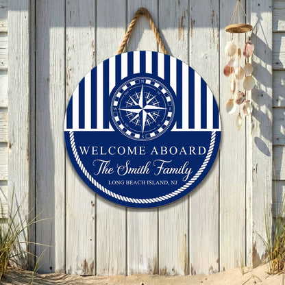Personalized Welcome Aboard Wooden Sign With Nautical Compass And Stripes, Unique Coastal Gift For Families