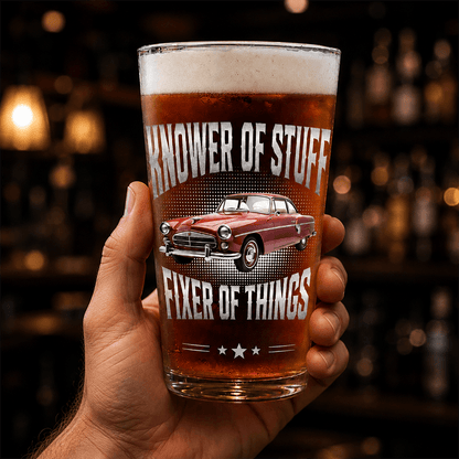 Personalized Beer Glass with Classic Muscle Car Art, Black and Gold Unique Gift for Car Enthusiast