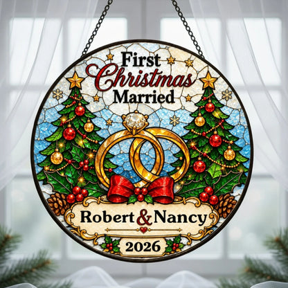 Personalized First Christmas as a Married Couple Suncatcher Ornament, Custom Names & Year, Romantic Newlywed Christmas Gift