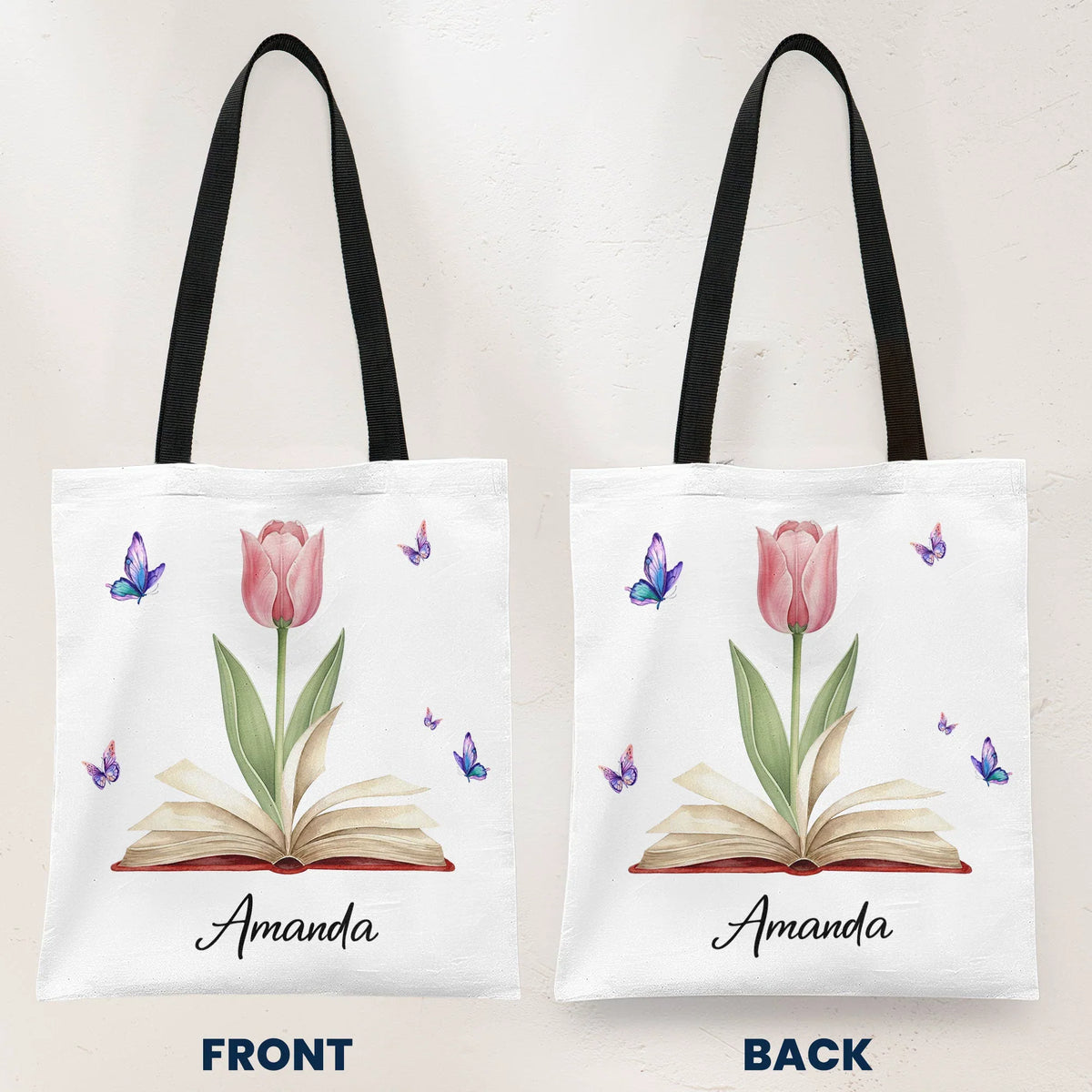 Personalized Tote Bag with Birth Flower Book Design, Butterfly Accent, Unique Gift for Book Lovers and Book Club Friends