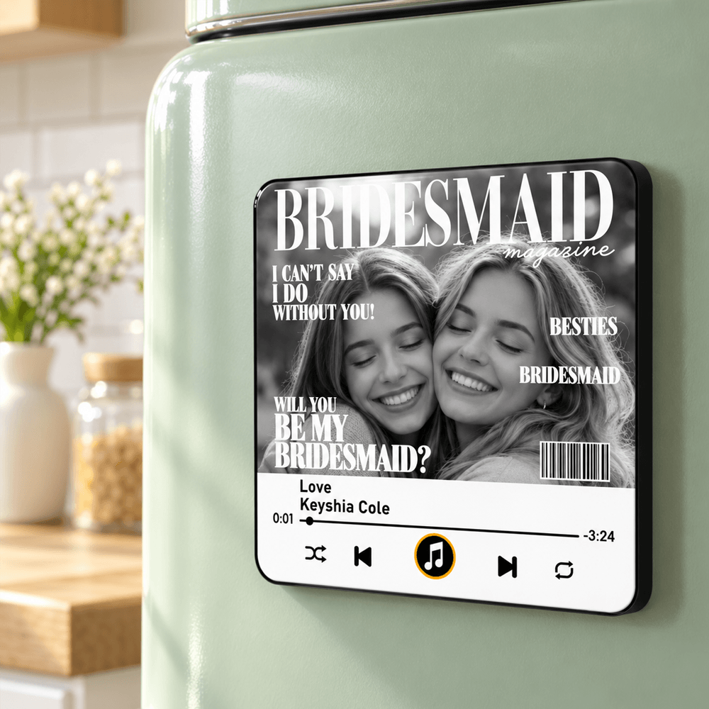 Custom Bridesmaid Proposal Acrylic Music Magnet, Vintage Black and White Magazine Style, Will You Be My Bridesmaid Gift