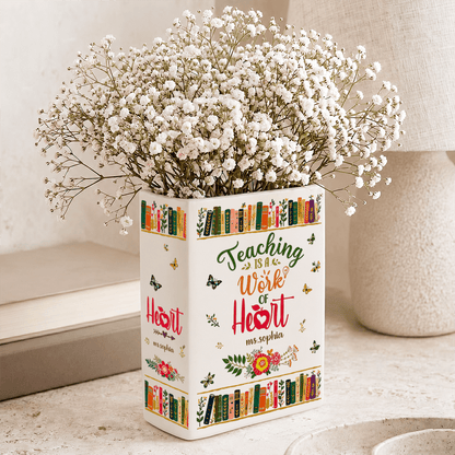 Personalized Ceramic Book Vase for Teachers, Custom Name Teacher Appreciation Gift, Unique Floral Bookshelf Decor
