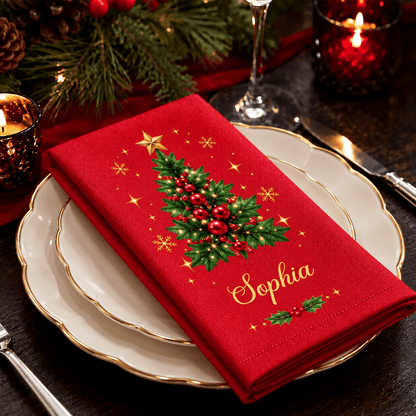 Personalized Christmas Tree Cotton Napkin with Custom Name, Elegant Gold Accents, Festive Holiday Table Decor