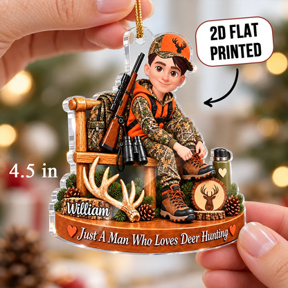 Personalized Acrylic Ornament, Custom Seated Deer Hunter Woodland Scene, Unique Christmas Gift for Dad