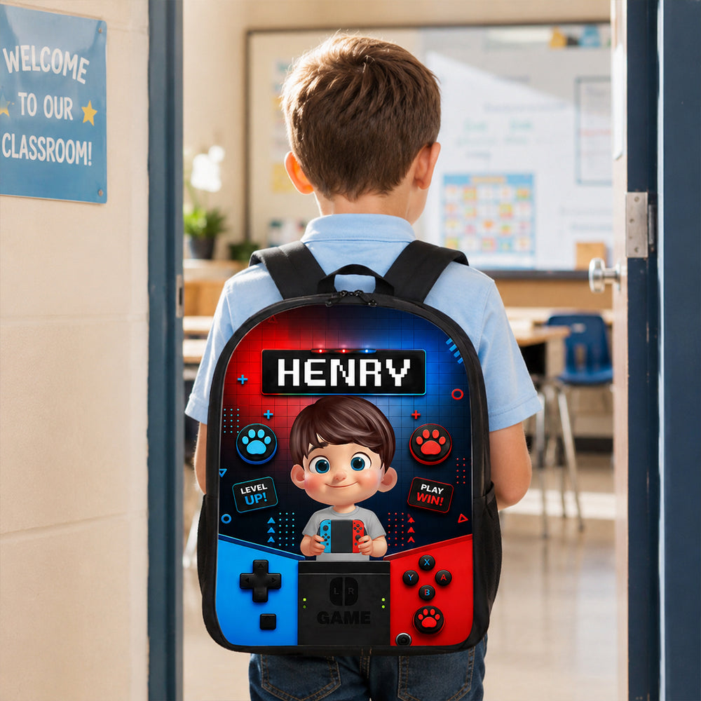 Personalized Kids School Backpack, Cartoon Gamer Boy Holding Controller, Unique Gift for Kids