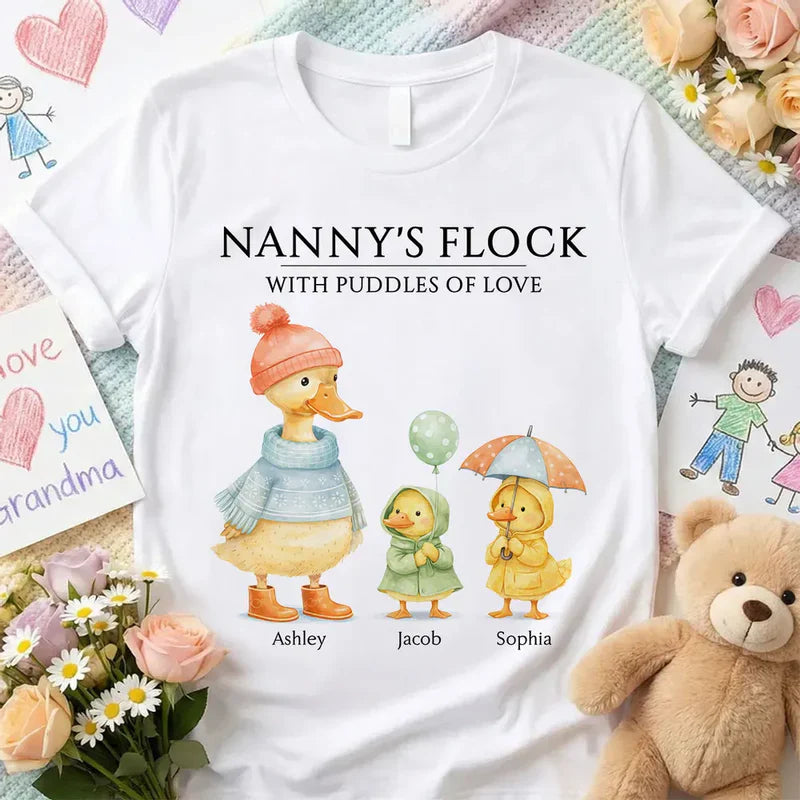 Classic Tee with Cute Ducks in Raincoats Nanny's Flock - Personalized Gift for Grandma That Feels Like Family