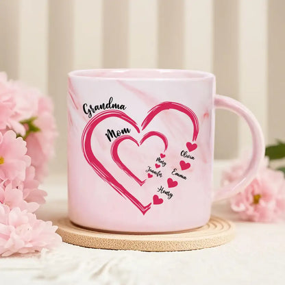 Mom Grandma Sweethearts – Personalized Marble Mug with Custom Family Names, Thoughtful Gift for Mother's Day